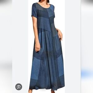 Blue Patchwork Look Dress With Pockets Size XL